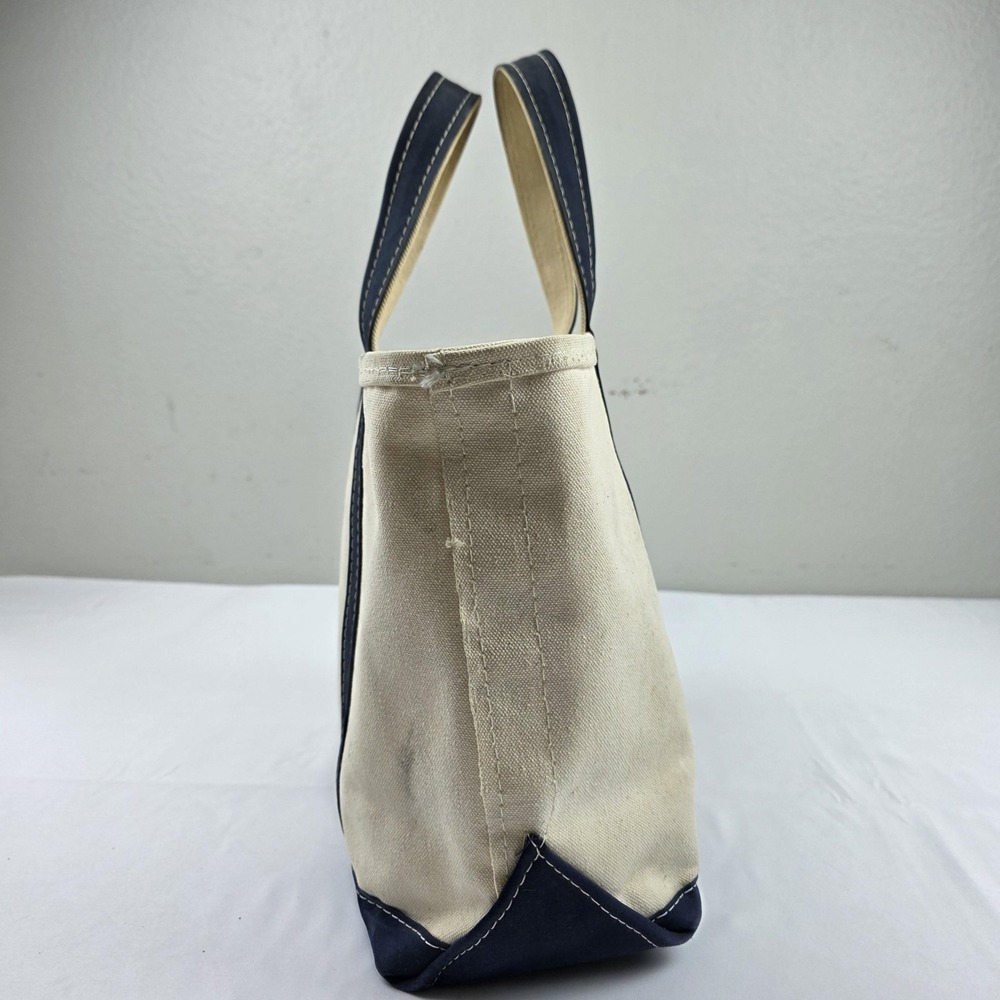 L.L. Bean Boat And Tote Bag Womens Small Beige Blue Canvas Zip Top Beach Casual - Picture 4 of 14